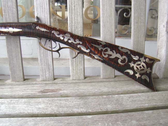 An impressive tiger-maple half-stock silver mounted percussion Frontier Rifle by William McCleland of Naffanees, Indiana, circa 1860-1862. — image 6